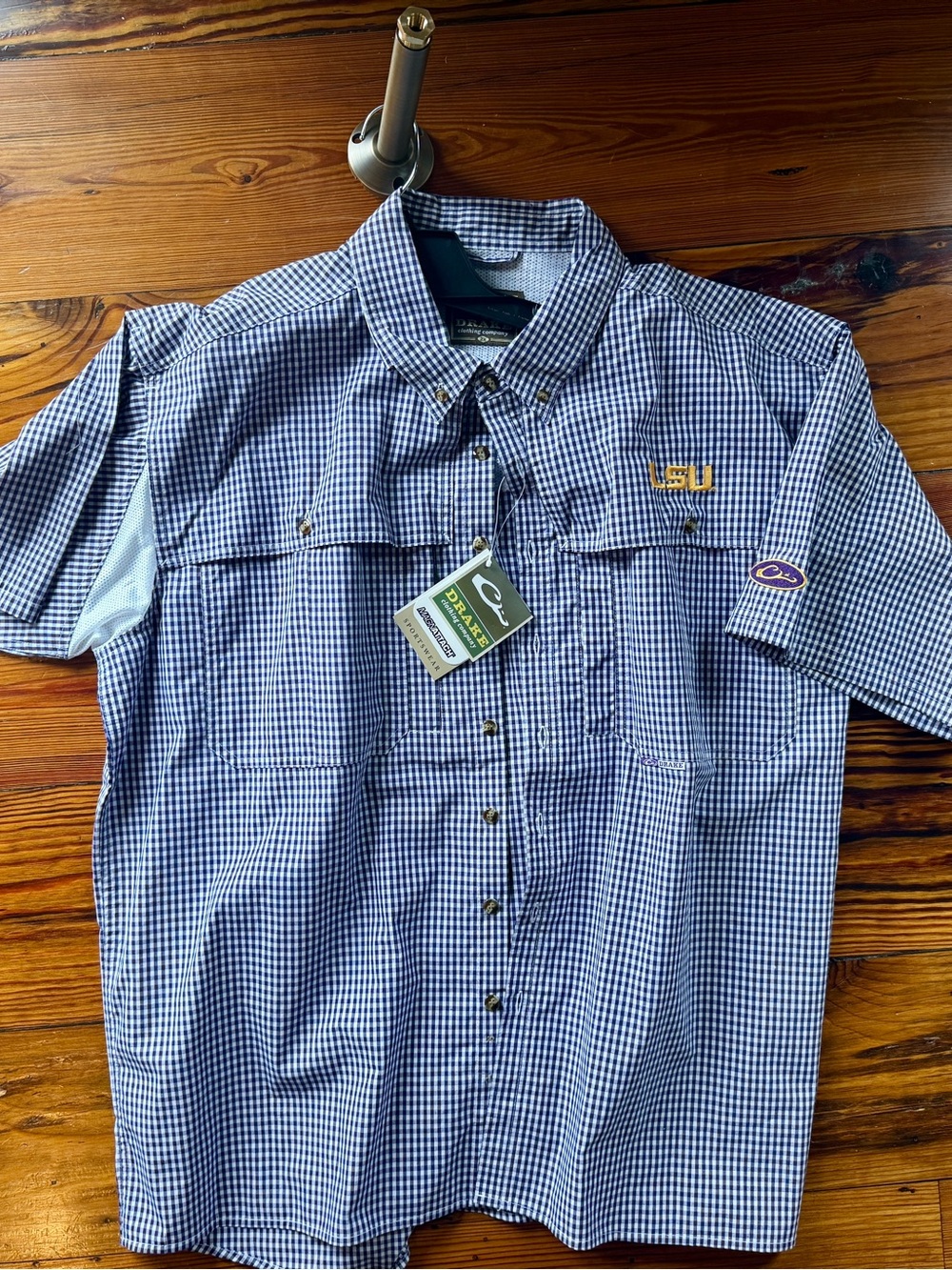 Drake LSU Men’s Short-Sleeve Button-Down Check Shirt - Blue/White